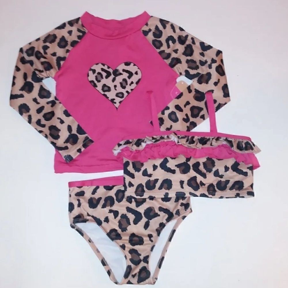 Lily & Dan Girls 3 Piece Swim Set Bikini Rash Guard Long Sleeve Pink Leopard NWT